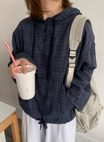 Tsuke Vintage String Check Long Sleeve Hood